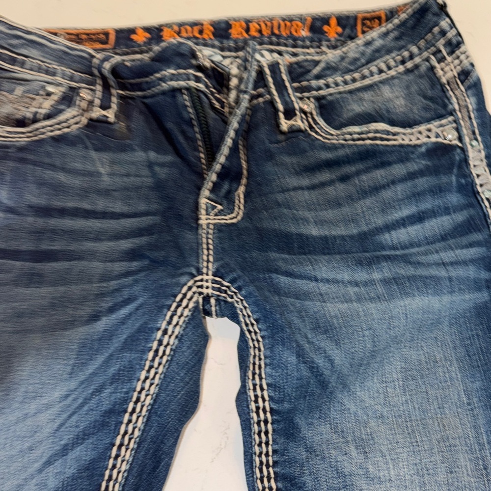 Rock Revival Blue Denim Jeans with White Stitching